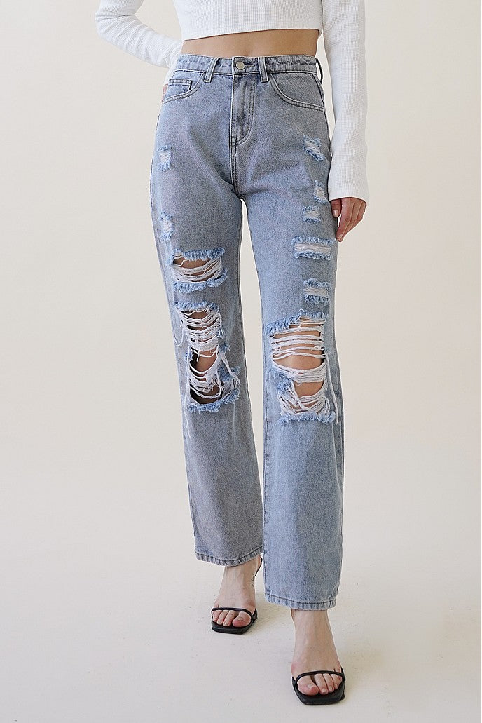 Blue High waisted destroyed ripped jeans with wide boot cut